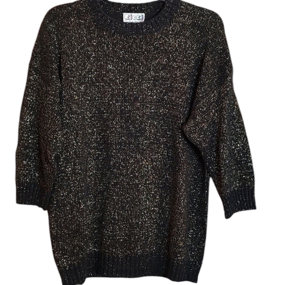 Vintage Black Crew Neck Sweater w Gold Metallic Threads 3/4 Sleeves sz XL - Picture 2 of 4